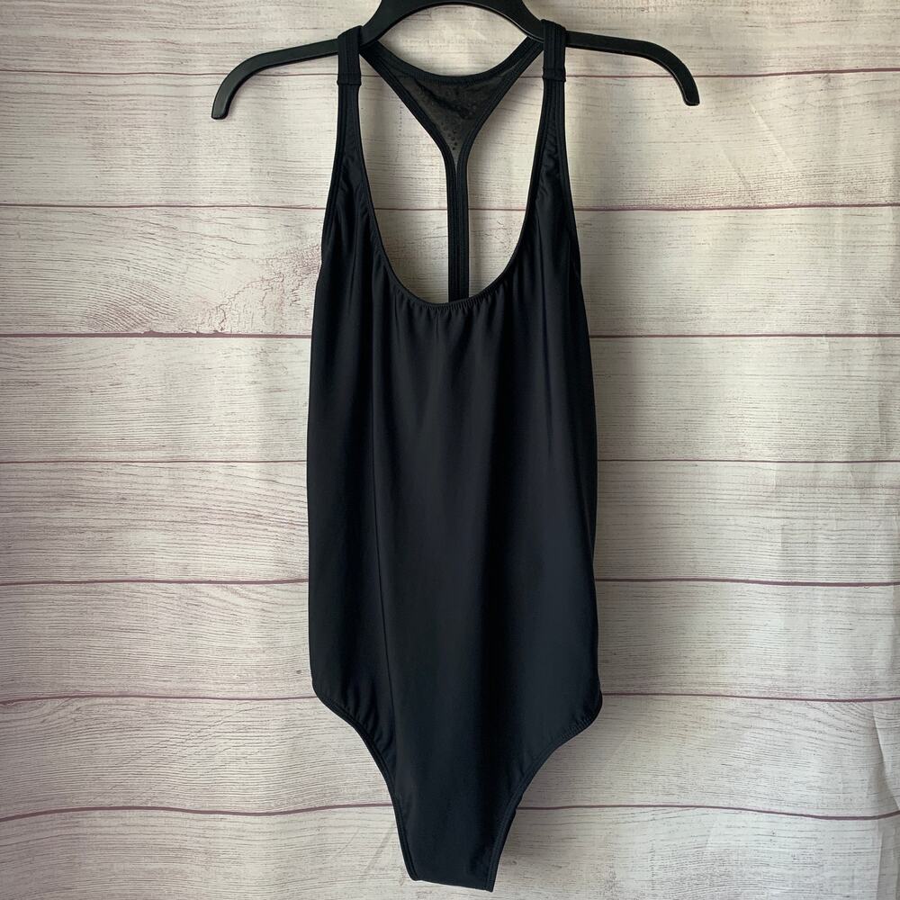 Sun Streak by Newport News Black One-Piece Swimsuit T-Back Rhinestones 90s 16T